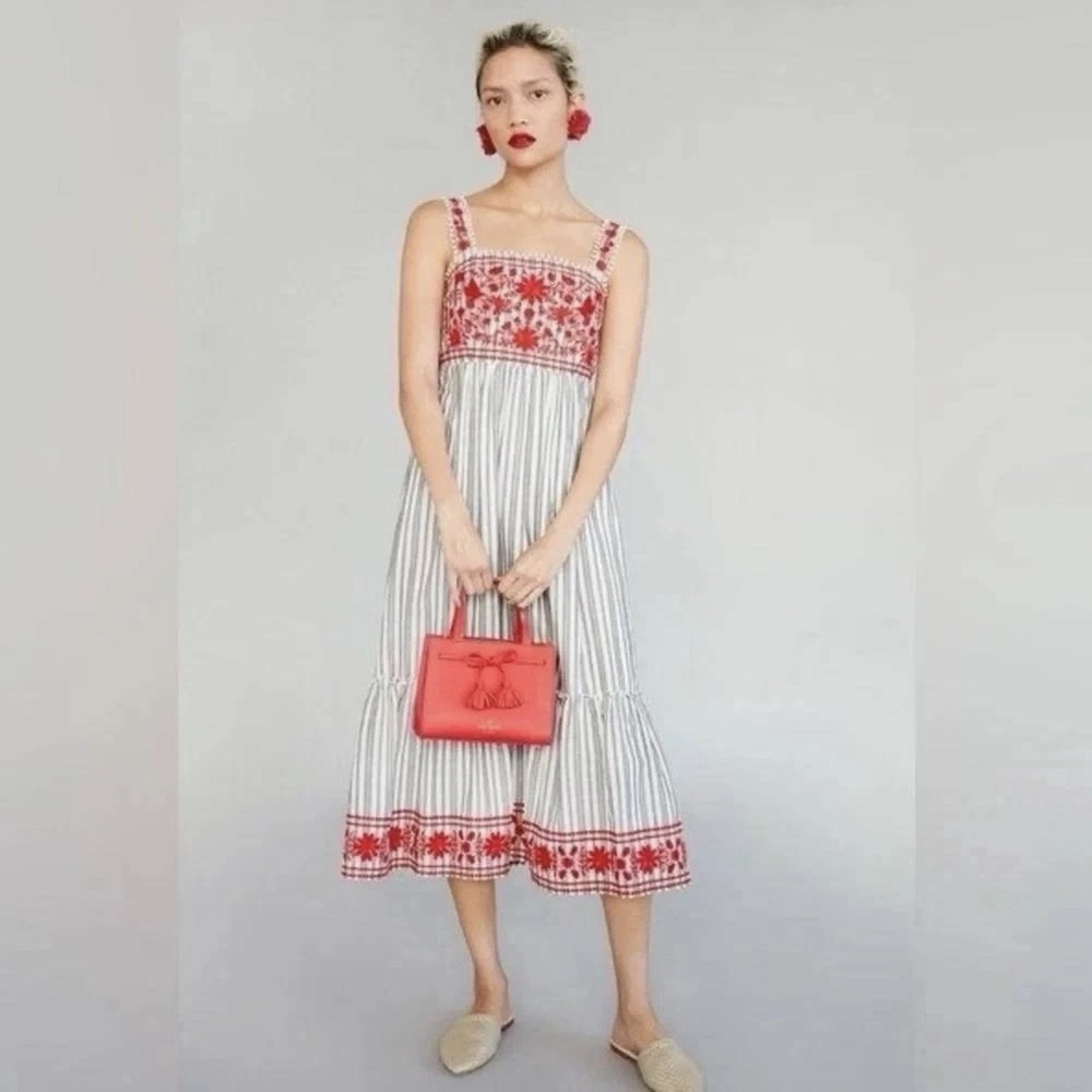 Kate Spade Broome Street Embroidered Stripe Midi Dress Gray White Red Size L